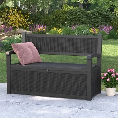 BIFANUO 100 Gallon Weatherproof Outdoor Storage Bench, 2-in-1 Patio Rattan Textured Deck Box with Seating, Garden Furniture for Cushions, Tools, Balcony Use