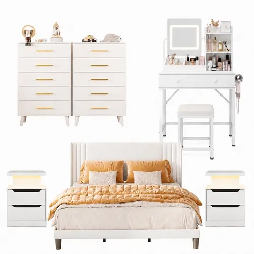 Gizoon Modern 5-6 Piece Bedroom Set - Engineered Wood Indoor Furniture, Upholstered Bed Frame, 2 Lighted Nightstands, 6-Drawer Dresser, 5-Drawer Chest, Optional Vanity | Home Goods, Apartment Furniture with Vanities