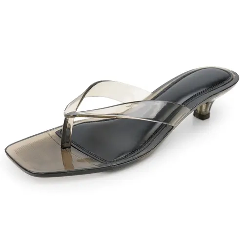 EVELLYHOOTD Women's Basic Chic Thong Strap Jelly Kitten Heel Sandals - PVC Square Toe Slip-On Mules, 1-3 cm Low Heel Daily Fashion Footwear, Dressy Sandals for Casual Parties, Shopping