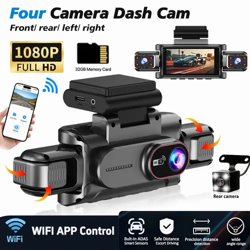 BCUOZ 4-Channel Wireless Dashcam Kit with Free 32GB Micro SD Memory Card, 1080P Full HD Front/Rear Night Vision Cameras, Left-Right Coverage, WDR, G-Sensor, WiFi Control HD Driving Recorder Auto Parts