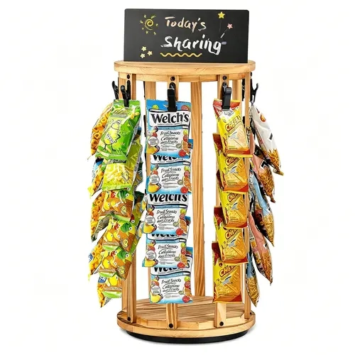 MOVATEK 360° Rotation Square Wooden 5-Tier Food Display Stand - Adjustable Organiser with Sturdy Base, Wood Frame, 40 Clips, Erasable Message Board, Stable Space-Saving Utility Rack for Party Countertop Decor