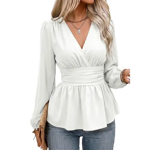 EVALESS Women's Trendy Wrap Front V-Neck Peplum Blouse - Polyester Woven Fabric Tops for Women, Puff Balloon Long Sleeves, Ruched Waist, Non-Pilling, Breathable, Lightweight, Drapey, Cold/Machine Washable, Elegant Dress Casual for Coffee Dates