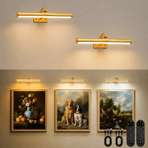 GIVRYES 2-Piece 16in Gold Modern Slim Aluminum LED Wall Sconce - Cordless USB Rechargeable 6000mAh Dimmable Rotatable Wall Lamp with Remote, 16H Runtime, for Vanity Mirrors, Lamps for Bedroom, Mood Lighting, familyfun