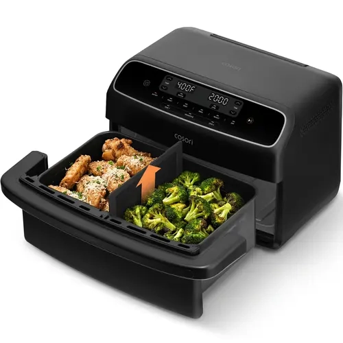 COSORI TWINFRY Rectangular Double Air Fryer - 9 Qt Dual Large Space-Saving Design, 120V Input, PFAS-Free Ceramic Coating, Dishwasher-Safe, 6-in-1 Sync & Match Modes, Removable Div., Bakes Broils Dries, for Family (5-8 People)