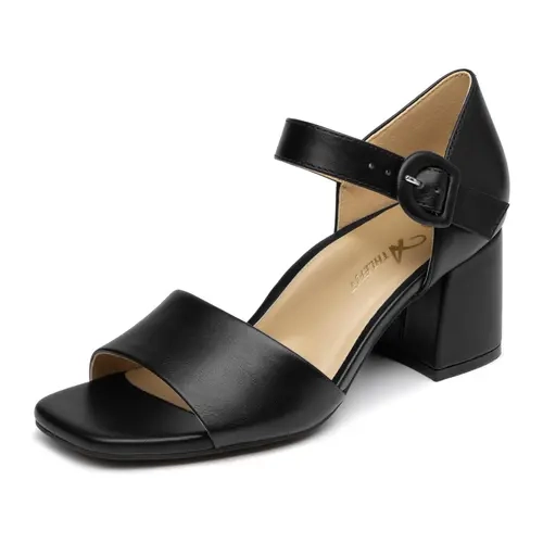 Athlefit Women's Minimalist Basic Chunky Low Block Heel Sandals - 2.36in Orthopedic Arch Support, Adjustable Ankle Strap, Slip-On, Breathable, Square Toe Footwear for Office Work, Casual Wear, Walking Shoes
