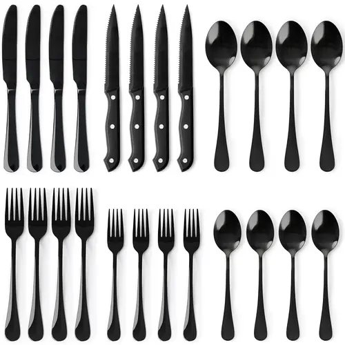 Astercook 24-Piece Stylish Black Silverware Set with Steak Knives - Food-Grade Stainless Steel Everyday Dinner Utensils for 4 Adults, Mirror Finish Tableware, Polished Finish Cutlery, Ergonomic Handle for Home/Party Kitchen