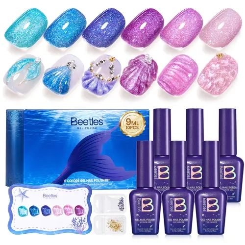 Beetles 6-Color Siren Scales Glitter Gel Nail Polish Set - 9ml UV/LED Soak-Off Nail Care Cosmetic Kit with Shifting Blue Pink Purple Effect, Rhinestones, Swatch Card, Ideal for French Manicure, Home Use (Bottle Included)