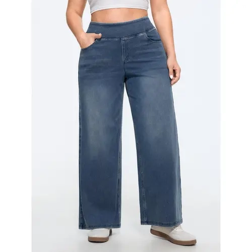 BloomChic Stretchy Pockets Pull-On Wide-Leg Washed Casual Knit Jeans 【M-6XL】