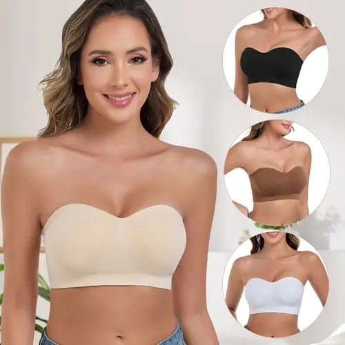 Lusait Women's Essential Strapless Wireless Bandeau Bra - Comfy Stretch, Non Slip, Seamless, Built-in Pads, Breathable Fabric, Silicone-Lined, Halter-Convertible, Backless Bralette for Everyday, Evening Use | Bras for Women