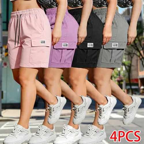 Women's Polyester Casual Outdoor Multi-Pocket Loose Fitting Cargo Shorts (Pack of 4) - Quick-Dry Activewear with Pockets, Solid Color, Drawstring Elastic Waistband for Outdoor Sports, Summer Wear, Casual Outdoor Shorts