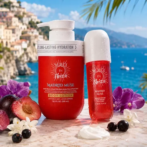 SOLO EN IBIZA Madrid Muse 2-Piece Bath & Body Layering Set, 6.1 fl oz (180ml) Fragrance Mist + 16.9 fl oz (500ml) Body Lotion or Body Wash, Romantic Fruity Floral Scent with Plum, Jasmine, Vanilla & Musk, 2 Set Options