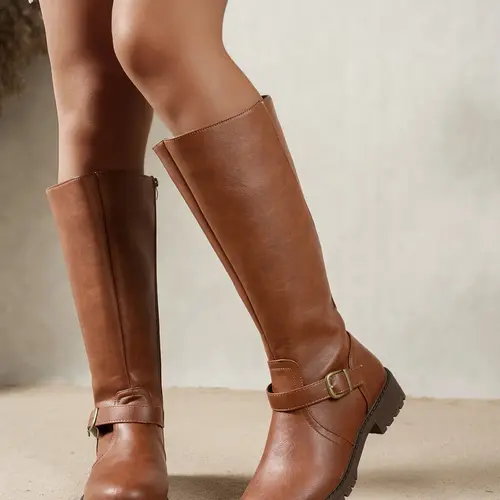 Women's Low-Heel PU Leather Long Boots, Stylish Casual Western-Inspired Motorcycle Boots, Round Toe and Side Zipper Design, Perfect for Daily Wear, Classic
