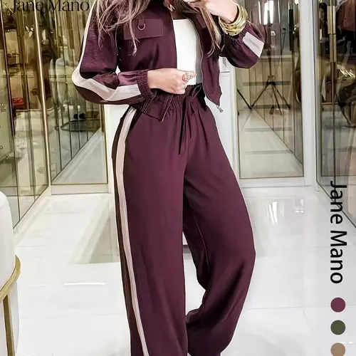 Light Luxury Caramel Sport Set for Women, Long Sleeve Collared Open Front Top, Drawstring Loose Fit Straight Leg Pants, Daily Commute Two-Piece Set, Casual Sporty Set