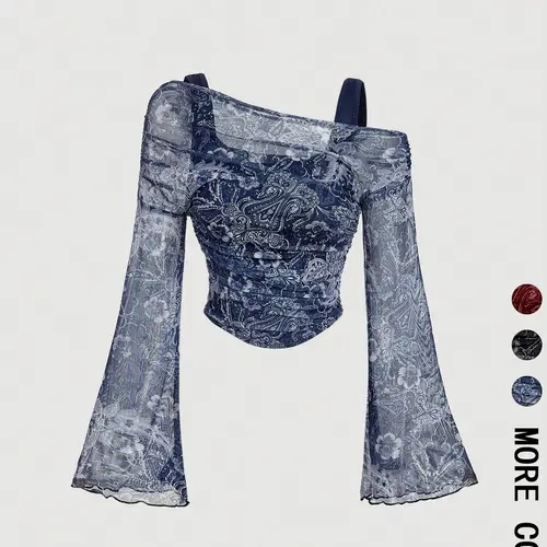 Women's Asymmetric Shoulder Paisley Print Bohemian Inspired Flare Long Sleeve Crop Top, Built-In Tank Top, Ruched Slim Fit Cropped Top, Casual Daily Dating Vacation Outfits