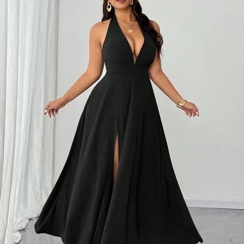 Plus Size Halter Deep V Maxi Dress, Sleeveless Empire Waist, High Slit Flowy Formal Gown, Curvy Wedding Guest Evening Dress, Evening Gowns
