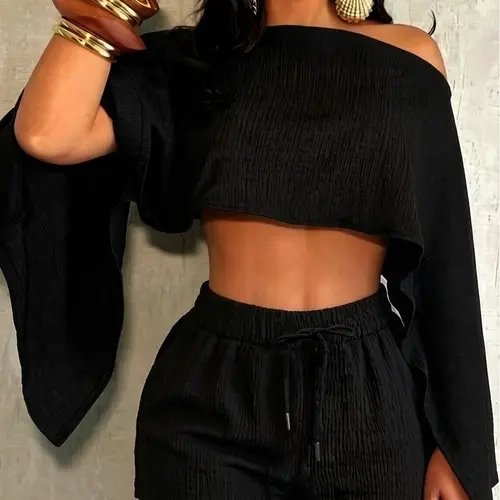 European and American Style Vacation Women's Solid Color Shoulder-Exposed Loose Top and Shorts Set, Casual Two-Piece, Crop Top, Chic, Outfits, Fashion, Clothes