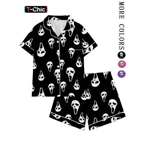 Y2K Horror Mask Pajama Set for Women, Ghost Print Sleepwear, Soft Short-Sleeve Button-Up, Fun Halloween 2-Piece, Dark Aesthetic, Loose Sleepwear