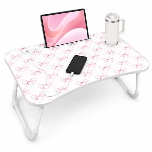 Foldable Laptop Desk – Portable Bed Tray Table with Cup Holder, Tablet Stand & USB Charging Ports