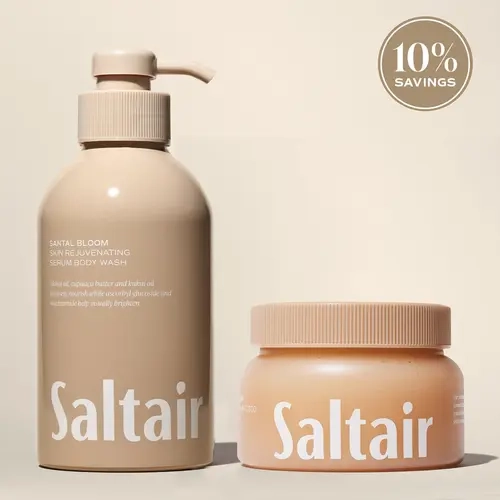 Saltair Santal Bloom Double Cleansing Duo - Vitamin C Oil-Infused Body Scrub (18.5 fl oz / 524 g) , Serum Body Wash (17.0 fl oz / 500 mL) - Creamy Sandalwood, Sheer Amber, Sensual Musks