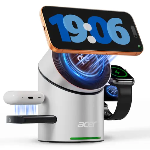 Acer S2 Compact 3-in-1 Magnetic Mobile Charger Dock - Wearable & Electronic Gadgets Station for iPhone 17/16/15/14/13/12, Smart Watch, Wireless Earbuds (Charger & USB-C Included)
