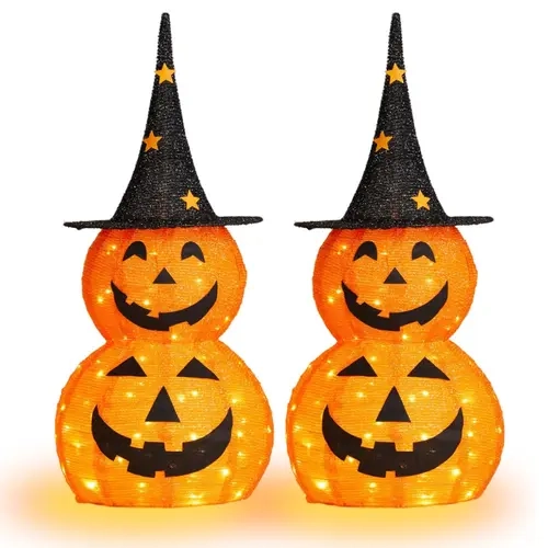Ubesgoo 5FT Spooky 3-Tier Stack Artificial Pumpkin Halloween Decorations - Creepy Cute Carved Jack-O’-Lanterns, Witch Hat, 100 Warm White LED US Plug, Soft Fabric, Luminous Lightweight Collapsible Stretchable, Easy Install for Event Venue, Outdoor Patio