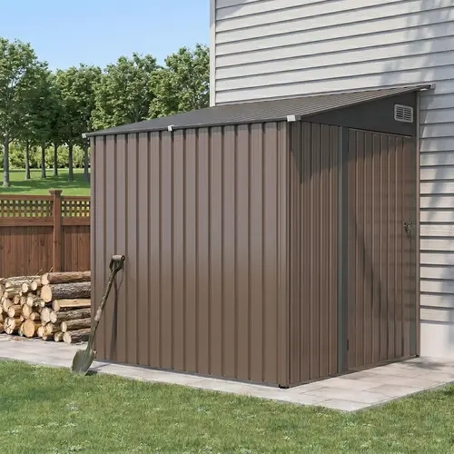 Aoxun Brown Metal Lean-to Shed 4x6FT (7x5.3FT Internal), Outdoor Storage for Tools & Bikes, Lockable Door for Added Security, with Installation Videos & Assembly Guide for Backyard/Patio