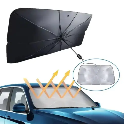 Iron Frame Foldable Car Sunshade Curtain - Portable Front Windshield UV Blocker, Heat Insulation, Easy Setup, Flat-Folding Travel Storage, Protection Accessory for Most Cars, Summer Auto Exterior Cover