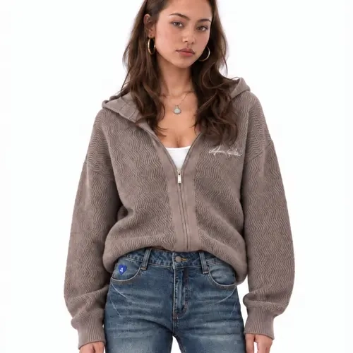 Aelfric Eden Women's Chevron Knit Zip-Up Hooded Cardigan - Oversized, Dropped Shoulder, Ribbed Cuffs & Hem, Soft Comfortable Fabric, Embroidery, Long Sleeve, Adjustable, Basic Style Sweatshirts, Elegant Casual Knitwear Outerwear