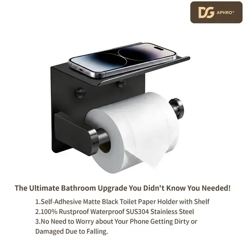 DGAPHRO Toilet Paper Holder with Shelf,Rustproof Black Stainless Steel,Adhesive or Screw Wall Mount Toilet Tissue Holder for Bathroom,Washroom, Kitchen,RV.