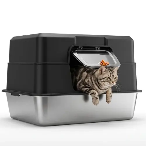 XL Capacity Stainless Steel High Sided Litterbox - Single Unit Large Extra-Large Bowl, 36L with Lid, Odor-Proof, Non-Sticky, Easy Clean, Bacteria-Resistant, Urine Leakage Prevention, Cost-Effective (Self-Cleaning Litter Boxes Compatible Design)