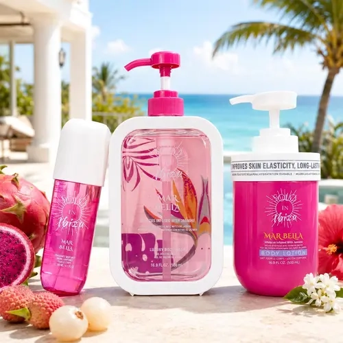 SOLO EN IBIZA Marbella 3-Piece Bath & Body Layering Set, 6.1 fl oz (180ml) Fragrance Mist, 16.9 fl oz (500ml) Body Lotion & Body Wash, Tropical Fruity Floral Scent with Pitaya, Lychee, Jasmine, Vanilla & Musk