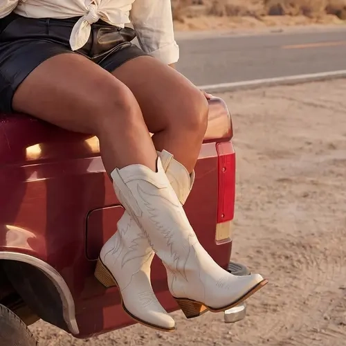 Women's Western Embroidered Cowboy Boots - Mid-Calf, Chunky Heel, Pointed Toe, Beads Accents, Classic, Casual, Cowboy Aesthetic, Cowgirl & Outlaw Style Retro Country Footwear for Rodeo Events
