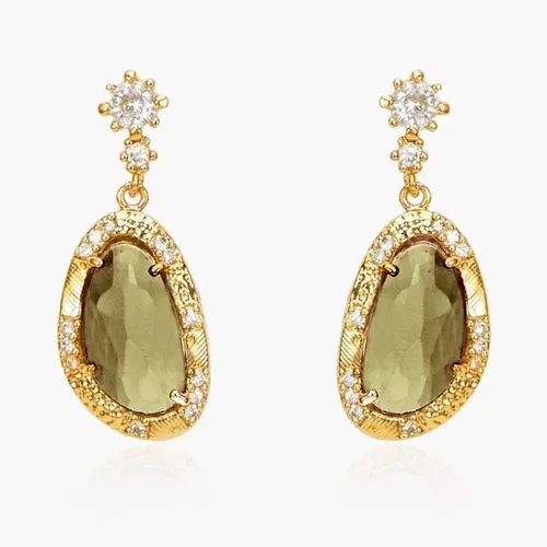en route 18K Gold Plated Verdant Dreams Earrings, Elegant Drop Silhouette with Vibrant Green Crystal Accents, Lightweight Construction with Secure Fastening for All-Day Comfort, Sophisticated Jewelry Perfect for Elevated Styling & Modern Daily Wear