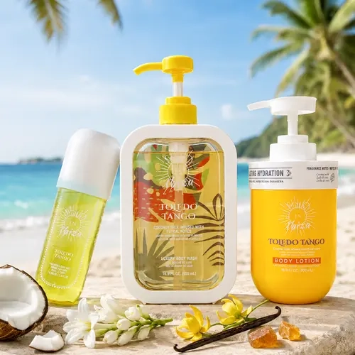 SOLO EN IBIZA Toledo Tango 3-Piece Bath & Body Layering Set, 6.1 fl oz (180ml) Fragrance Mist, 16.9 fl oz (500ml) Body Lotion & Body Wash, Warm Tropical Floral Scent with Coconut Milk, Tuberose, Vanilla & Amber