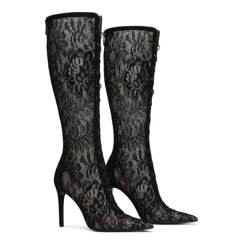 Women's Lace Upper Knee-Length Boots, Pointed Toe Lace-Up Stilettos with 3-Inch Heel Height, Synthetic Footwear for Evening Wear