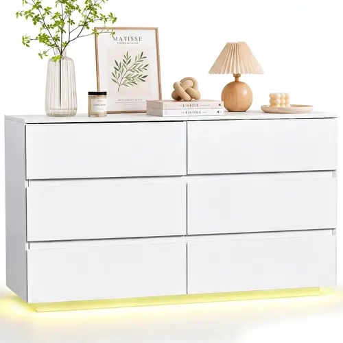 Karl Home 47.24-in Rectangular Durable White 6-Drawer Classic Wood Chest Drawers - LED Illuminated, Cut-Out Handles, Anti-Tipping Device, Assembly Required for Bedroom, Living Room