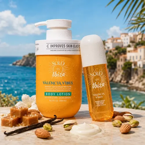 SOLO EN IBIZA Valencia Vibes 2-Piece Bath & Body Layering Set, 6.1 fl oz (180ml) Fragrance Mist + 16.9 fl oz (500ml) Body Lotion or Body Wash, Warm Gourmand Scent with Pistachio, Almond, Salted Caramel & Vanilla, 2 Set Options