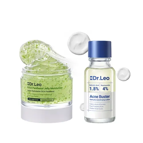 Dr.Leo Anti-Acne Pimple Skin Kit - Dual-Action Clearing Set: Salicylic Acid Spot Treatment, Lightweight Hyaluronic Acid Moisturizing Cream, Soothing Redness, Repair, Barrier Support, Sensitive Skin Morning Routine, Oil Control, Plump Effect