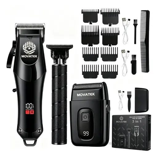 MOVATEK Men's 3-Piece Cordless 2-in-1 Hair Trimmer & Hair Clipper Kit - USB Powered Fast Rechargeable, 650g, Digital LCD Display Trimmer, Multi-Size Adjustable Blades, Fade Grooming Kit for Home Barber Equipment Use