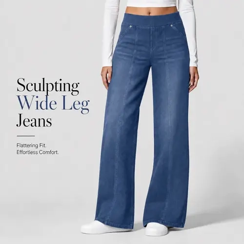 FireSwan Women's High-Waisted Stretchy Wide-Leg Knit Mom Jeans - Plus Size Fashion Women's Clothing, Denim Look, Plain Ankle-Grazing Maxi Length, Seam Stitch, Pockets, Waist-Shaping, Leg-Elongating, Machine-Washable, Classic Style, Daily Wear Comfort