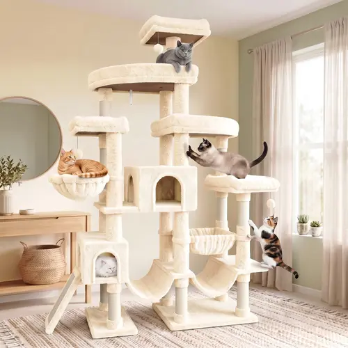 SHA CERLIN Heavy-Duty Cat Tree Tower (82"/6.8ft), 6 Spacious Tiers Privacy Design with 2 Private Condos, 2 Curved Beds, Luxury Top Perch, Hammock, Natural Sisal Scratching Ladder, Dense Plush Fabric for Indoor Extra Large Cats, Cat Mansion, Cat Tree House