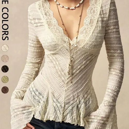 Women's Wave Lace Trim V-Neck Shirt, Long Flared Sleeve Sheer Texture Ruffle Dress Top, Boho Vintage Elegant Layering Blouse, Perfect for Dates, Brunch, Streetwear, Vacation, Casual