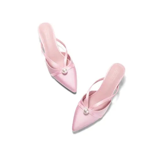 Coutgo Women's Elegant Satin Kitten Heel Mules - Pointed Toe, Pearl Accents, Ankle Satin Rubber Sole, Casual Fashion Pull-On Elegant Footwear for Holiday Party, Wedding