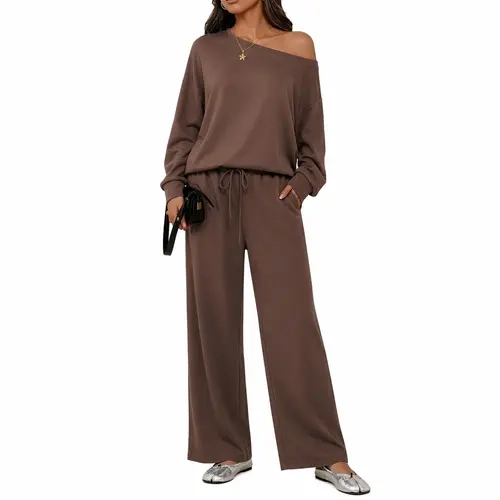 Women's 2026 Gifts Season Casual Silky Viscose-Spandex 2-Piece Set - Sloping Shoulder Longsleeve, Scoop Neck, Solid Color, Loose Minimalist Lazy Outfit Separates, Machine Washable Pants Matching Clothes for Women, Two Piece Sets