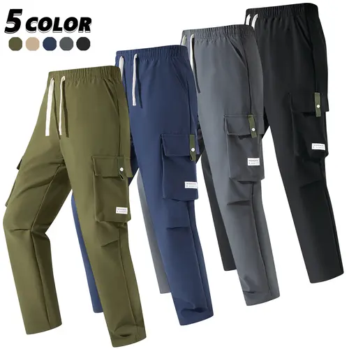 Men’s Cargo Pants - Menswear, Plain Basic Minimalist Polyester, Drawstring Elastic Waistband, Multiple Pockets, Versatile for Spring Autumn Everyday Casual Back-to-School Wear sohochic