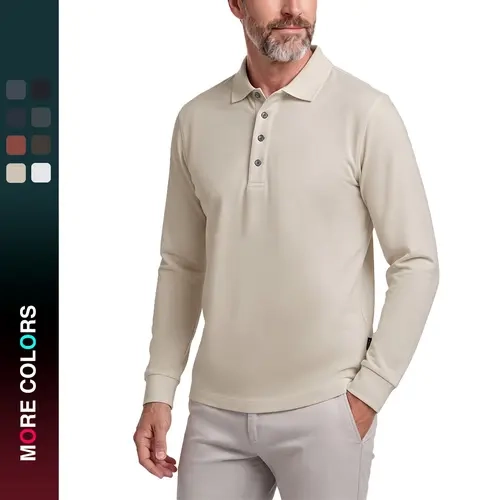 MAELREG Mens Solid Stretch Cotton Pique Long Sleeve Polo Shirts Performance Comfy 4-Button Collared Shirts  Menswear