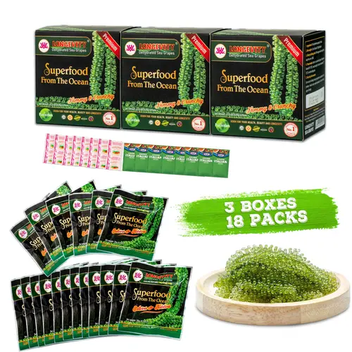6 S.BOXES Longevity Dehydrated Sea Grapes - COMBO 6 S.BOXES 12 Packs Green Caviar Umibudo Latok Seaweed Organic Premium Quality Crunchy Flavor Superfood From The Ocean