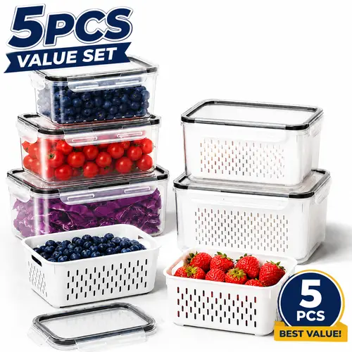 CITYDRY 5-Pack BPA-Free Plastic Fruit Storage Fridge Organizers - Stackable Kitchen Gadgets with Removable Colanders, Lids & Caddy for Salad, Berry, Meat Fresh-Keeping Food Storage Boxes