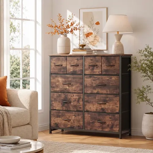 10-Drawer Fabric Cabinet - Versatile Wood Accent Storage Tower Organizer, TV Stand with Assembly Required (Gray, Black Options) for Bedrooms, Bathrooms, Living Rooms - Modern Design, Drawers, Floor Standing