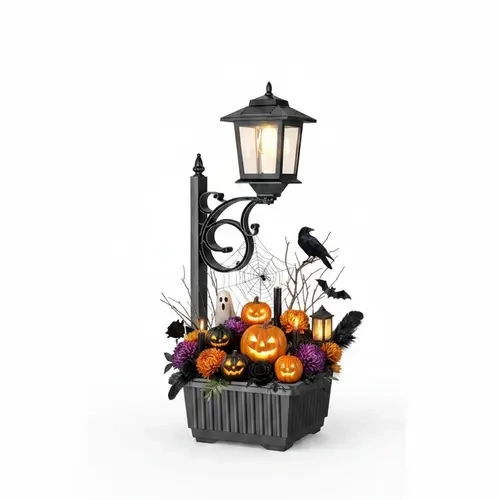 HOODINK 2-in-1 Outdoor Solar Post Light with Planter - 1Pc Black Water Resistant Auto Shut-Off Decor, Outdoor Solar Lights with 8H Energy Storage for Year-Round Use, DC Power Supply, Bulb Included, Halloween Front Door Accent